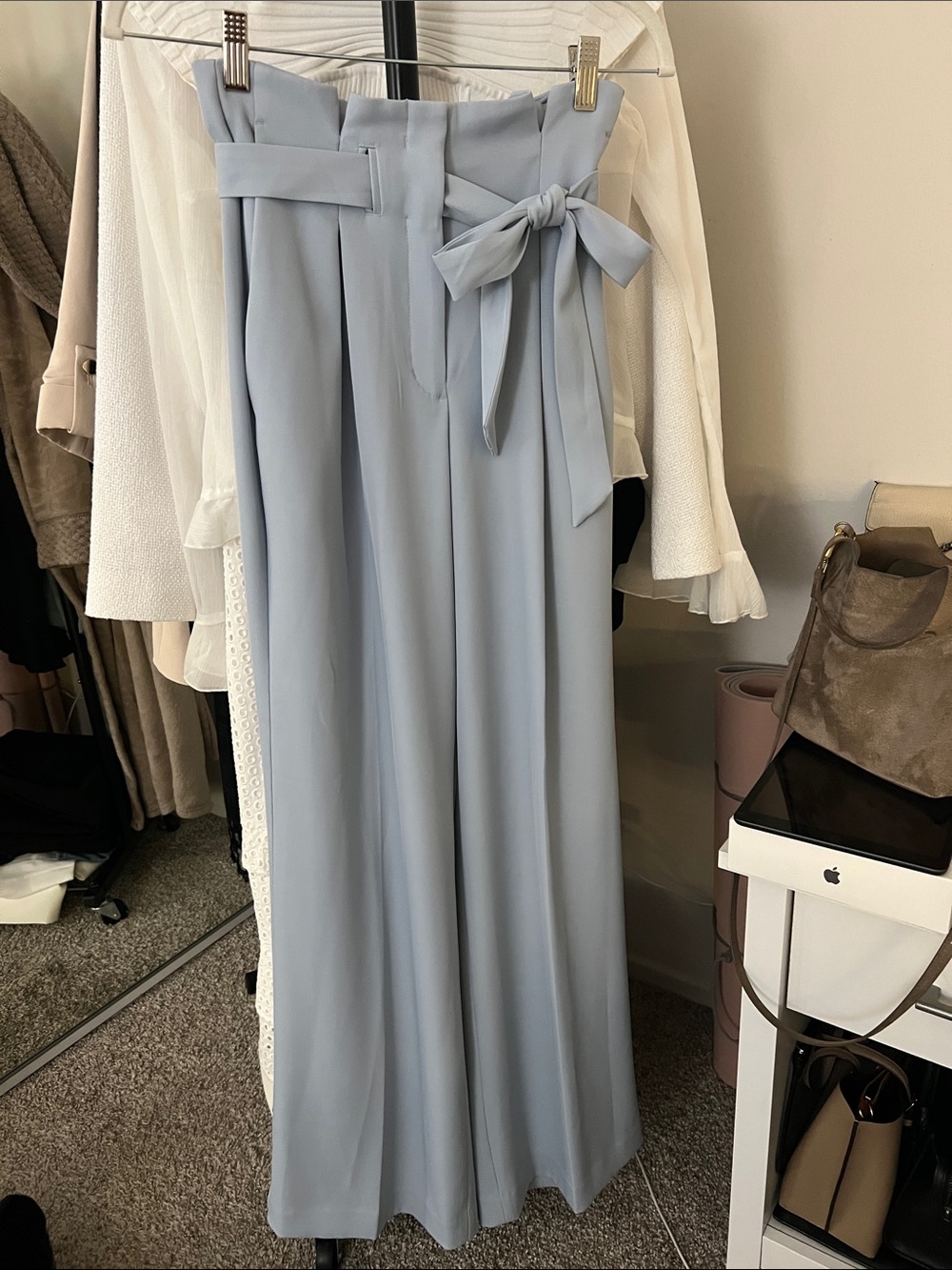 Express Light Blue High-Waist Wide-Leg Pants with Tie Belt